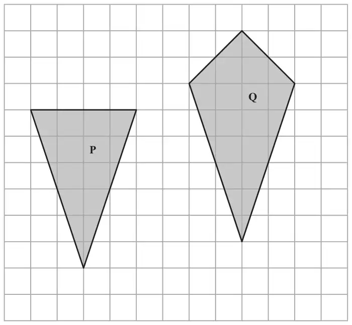 Centimetre grid with triangle P, base 4 cm along the top and height 6 cm, and quadrilateral Q with one pair of equal adjacent short sides and one pair of equal adjacent long sides