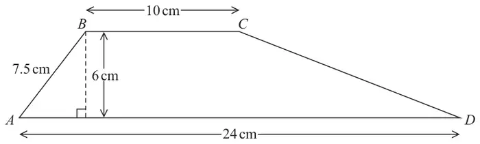 Trapezium ABCD with BC = 10 cm parallel to AD = 24 cm, AB = 7.5 cm and a perpendicular height of 6 cm from B to AD