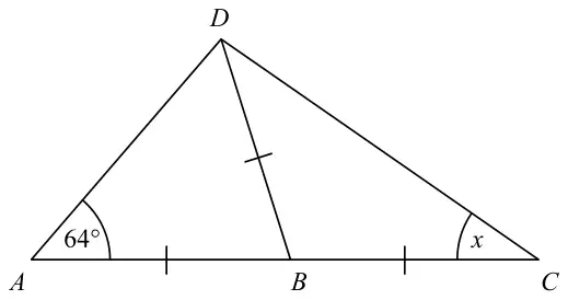 Triangle ACD with B on AC and the line BD drawn; AB, BC and BD marked equal; angle DAB = 64 degrees and angle x at C