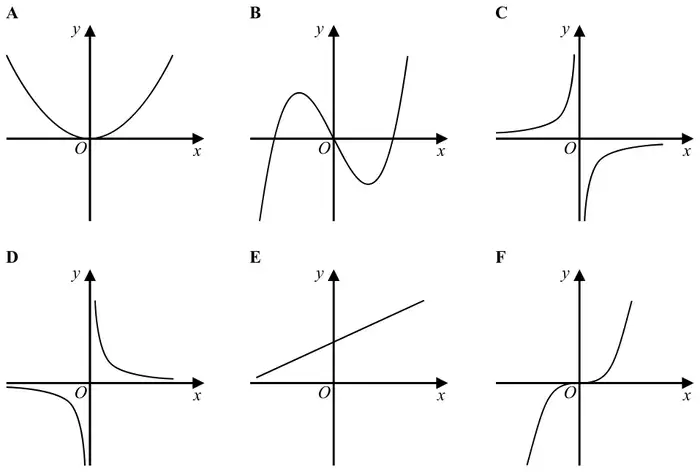 Six sketch graphs labelled A to F: A a U-shaped parabola through O; B a cubic with a maximum and a minimum crossing the x-axis three times; C a reciprocal-type curve in the second and fourth quadrants; D a reciprocal curve in the first and third quadrants; E a straight line with positive gradient and positive y-intercept; F a cubic through O like y = x cubed