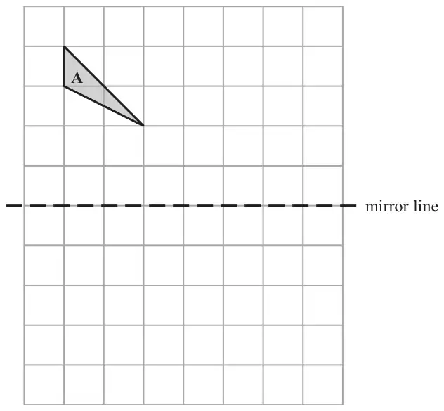 Square grid with a horizontal dashed mirror line; shaded triangle A lies above the mirror line