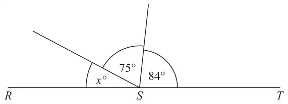Straight line RST with two lines from S making angles x, 75 and 84 degrees in order from SR round to ST