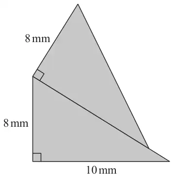 Shaded shape made from two of the triangles; the 8 mm side of the second triangle meets the first triangle at the top of its 8 mm side, and the second triangle’s 10 mm side lies along the first triangle’s hypotenuse