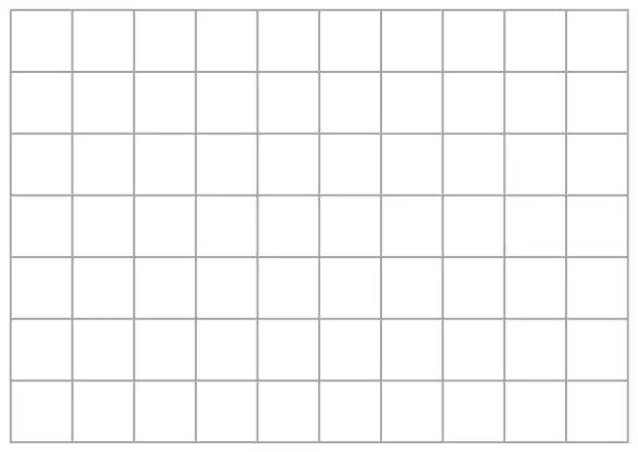 Empty centimetre square grid, 10 squares wide and 7 squares high