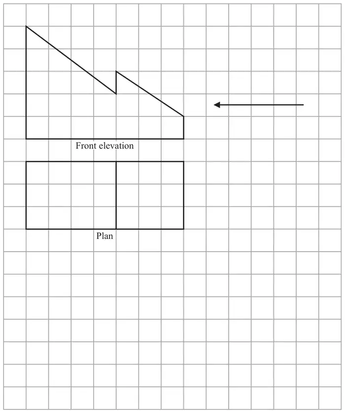 Square grid showing the front elevation (7 squares wide, 5 squares high on the left falling to 1 square high on the right, with a step) and the plan (a 7 by 3 rectangle divided after 4 squares), with an arrow pointing left from the right of the grid