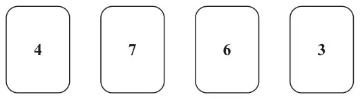 Four cards showing the numbers 4, 7, 6 and 3