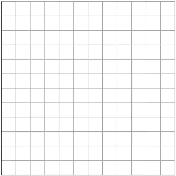 Blank square grid, 12 squares wide and 12 squares tall, with no axis labels or scales