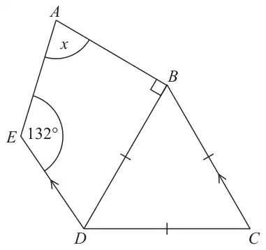 Quadrilateral ABDE joined along BD to equilateral triangle BCD; angle ABD is a right angle, angle AED is 132 degrees, angle EAB is marked x, and arrows show CB parallel to DE