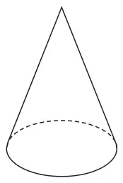 A cone standing on its circular base, with the hidden half of the base drawn dashed