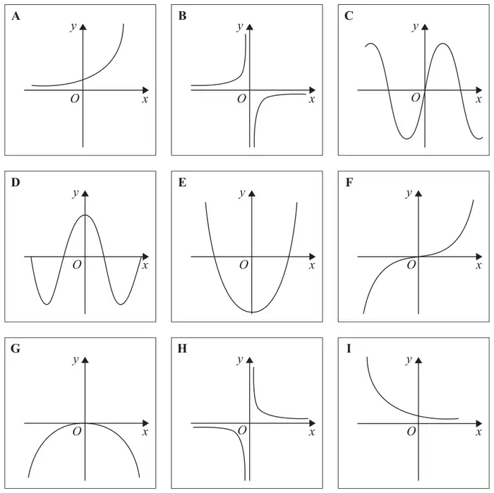Nine sketch graphs labelled A to I: A exponential growth curve above the x-axis; B reciprocal-type curve with branches in the second and fourth quadrants; C sine-type wave through O rising; D cosine-type wave with maximum on the y-axis; E U-shaped parabola below the origin; F cubic curve through O rising from bottom left to top right; G n-shaped parabola with maximum at O; H reciprocal curve with branches in the first and third quadrants; I decreasing exponential curve above the x-axis