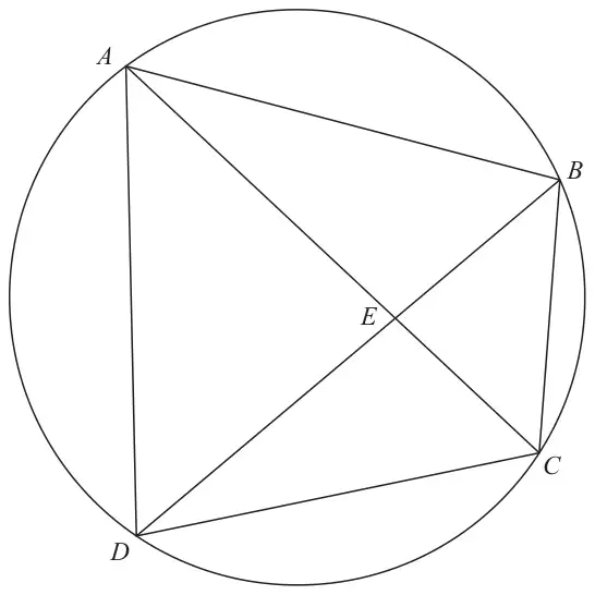 Circle with points A, B, C and D on the circumference; chords AC and BD cross at E, and chords AB, CD and AD are drawn
