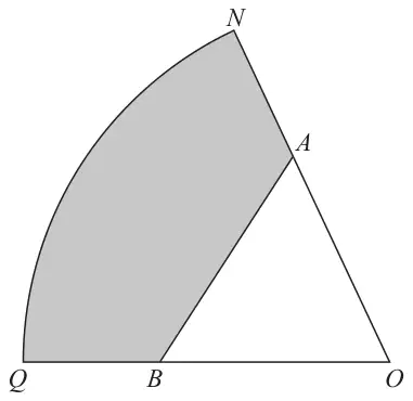 Sector ONQ with centre O; A on ON and B on OQ form equilateral triangle AOB; the region of the sector outside the triangle is shaded