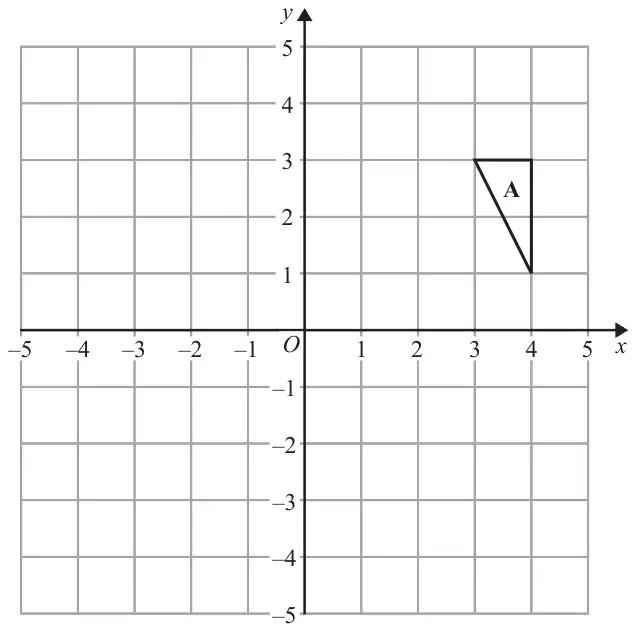 Grid with x and y from -5 to 5 showing triangle A with vertices (3, 3), (4, 3) and (4, 1)