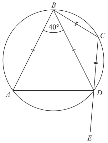 Cyclic quadrilateral ABCD in a circle, with CD extended beyond D to E; angle ABD is 40 degrees