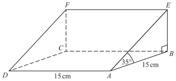 Triangular prism with square base ABCD and edge BE vertical above B; F is above C; angle EAB is 35 degrees, AB = 15 cm and M lies on DA