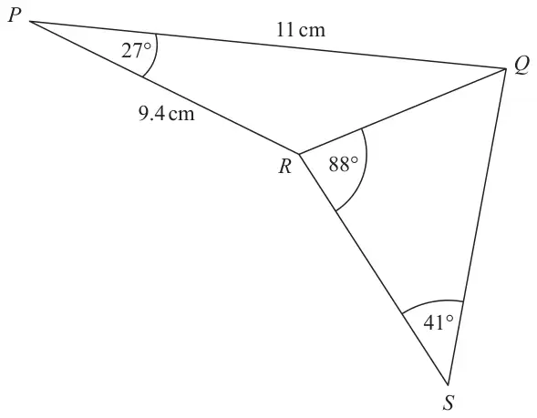 Triangles PQR and QRS: PQ = 11 cm, PR = 9.4 cm, angle QPR = 27 degrees; angle QRS = 88 degrees and angle RSQ = 41 degrees
