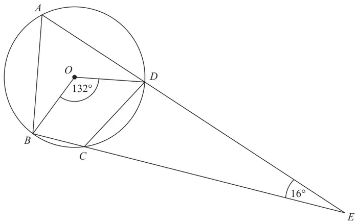 Circle centre O with points A, B, C, D on the circumference; angle BOD = 132 degrees; lines ADE and BCE meet at E outside the circle with angle DEC = 16 degrees