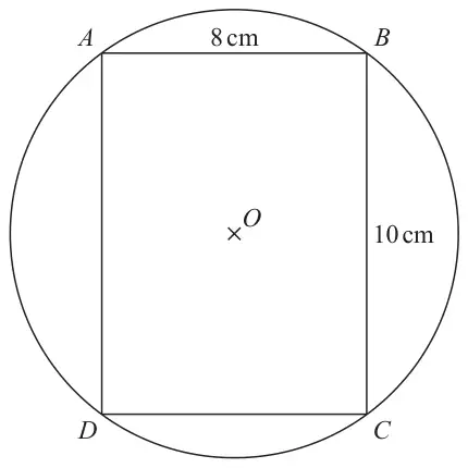Rectangle ABCD drawn inside a circle with centre O, with all four vertices on the circle; AB = 8 cm, BC = 10 cm