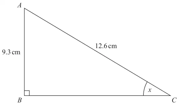 Triangle ABC with a right angle at B, AB = 9.3 cm, AC = 12.6 cm and angle ACB marked x