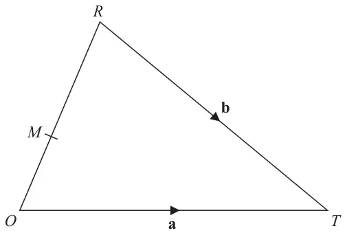 Triangle ORT with M on OR; vector a along OT from O to T and vector b along RT from R to T