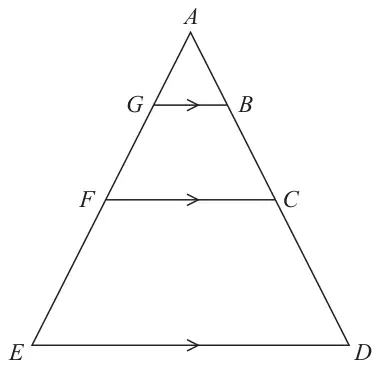 Triangle ADE with B and C on AD and G and F on AE; GB, FC and ED are parallel