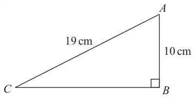 Right-angled triangle ABC with the right angle at B; AC = 19 cm and AB = 10 cm