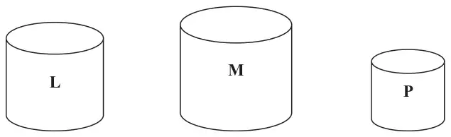 Three similar cylinders labelled L, M and P