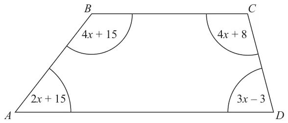 Quadrilateral ABCD with BC at the top and AD at the bottom; angle A = 2x + 15, angle B = 4x + 15, angle C = 4x + 8, angle D = 3x - 3