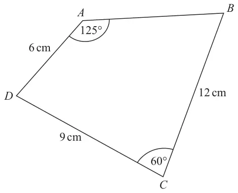 Quadrilateral ABCD with AD = 6 cm, DC = 9 cm, CB = 12 cm, angle DAB = 125 degrees and angle DCB = 60 degrees