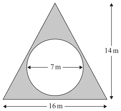 Triangle with base 16 m and height 14 m; a circle of diameter 7 m inside it; the region inside the triangle but outside the circle is shaded
