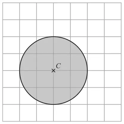 Centimetre grid with point C marked and a shaded circle of radius 2 cm centred on C