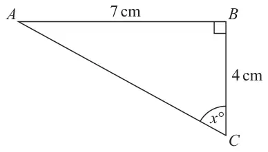 Right-angled triangle ABC with the right angle at B; AB = 7 cm, BC = 4 cm and angle BCA = x degrees