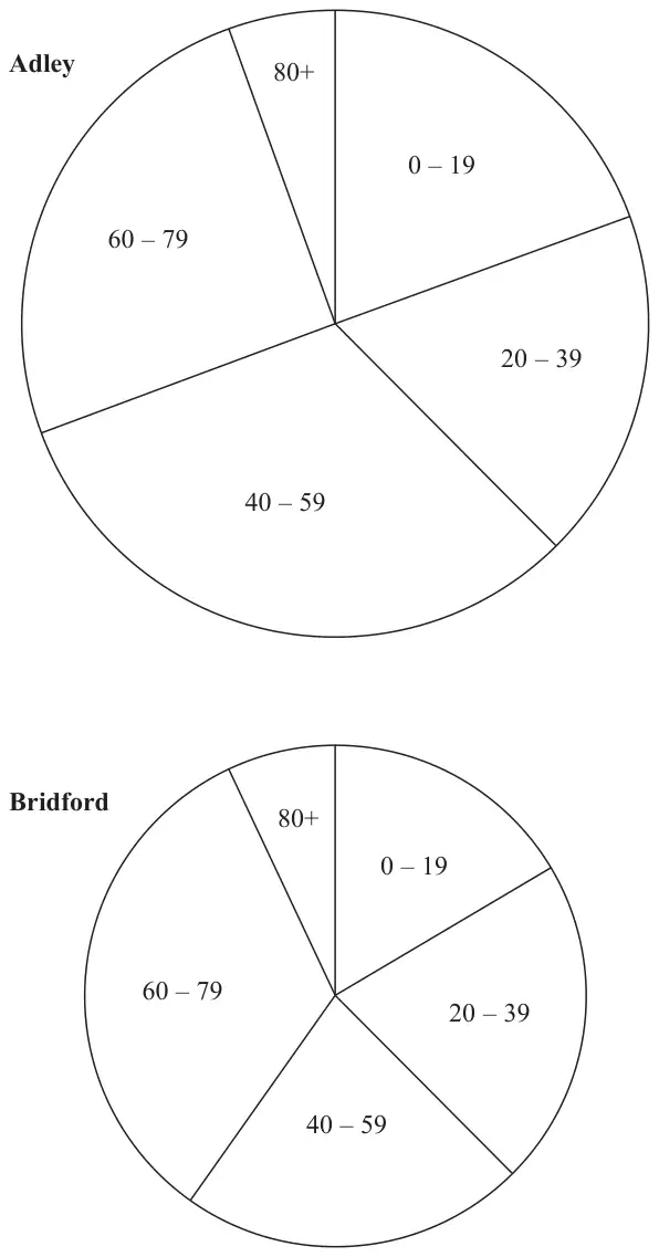 Two pie charts. Adley (the larger circle) has sectors 0 – 19, 20 – 39, 40 – 59, 60 – 79 and 80+. Bridford (the smaller circle) has sectors 0 – 19, 20 – 39, 40 – 59, 60 – 79 and 80+