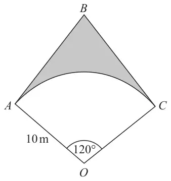 Sector OAC with centre O, radius 10 m and angle AOC = 120 degrees. Tangents at A and C meet at B; the region between the tangents and the arc AC is shaded