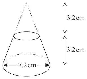 A cone of base diameter 7.2 cm with its top part, of height 3.2 cm, drawn dotted; the frustum below has height 3.2 cm