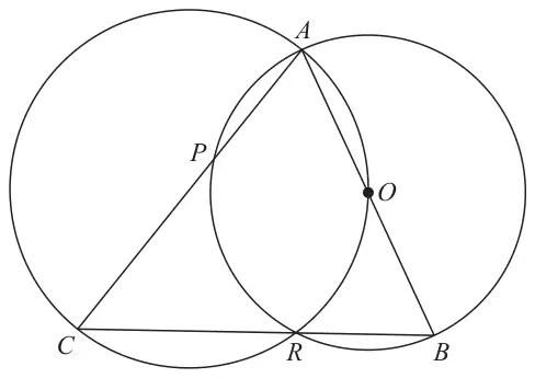 Two intersecting circles meeting at A and R. The circle with centre O passes through A, B, R and P; the other passes through A, O, R and C. Straight lines CPA, CRB and AOB are drawn