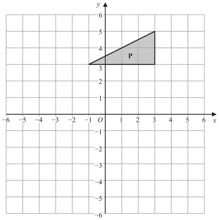 Grid with x and y from -6 to 6 showing triangle P with vertices (-1, 3), (3, 3) and (3, 5)