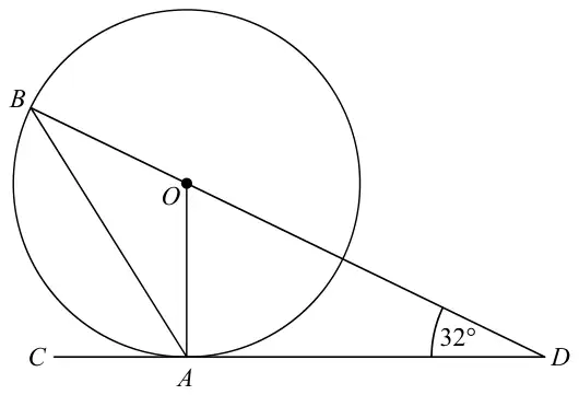 Circle with centre O; B and A on the circle; tangent CAD at A; BOD a straight line; OA and BA drawn; angle ODA = 32 degrees