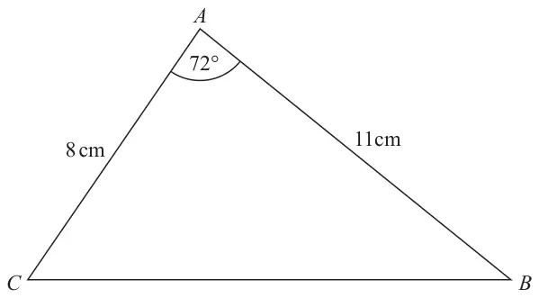 Triangle ABC with AC = 8 cm, AB = 11 cm and angle CAB = 72 degrees