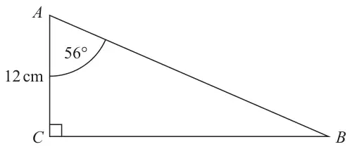 Right-angled triangle ABC with the right angle at C; AC is 12 cm and angle BAC is 56 degrees