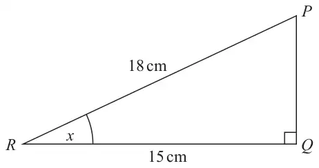 Right-angled triangle PQR with the right angle at Q; PR is 18 cm, RQ is 15 cm and the angle at R is marked x