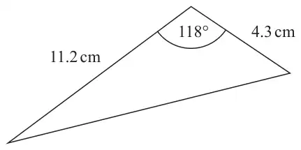 Triangle with sides 11.2 cm and 4.3 cm and the angle between them 118 degrees