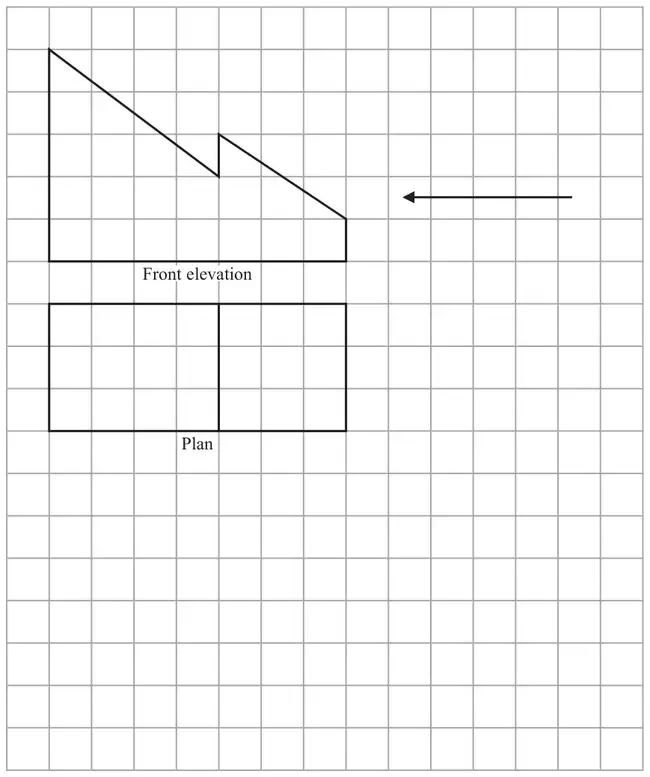 Square grid showing the front elevation, 7 squares wide with a stepped sloping top, and below it the plan, a 7 by 3 rectangle divided into two parts. An arrow points from the right towards the front elevation
