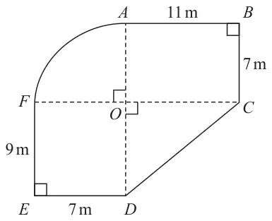 Plan of the garden: rectangle ABCO with AB = 11 m and BC = 7 m, rectangle DEFO with FE = 9 m and ED = 7 m, right-angled triangle CDO, and quarter circle AFO with centre O
