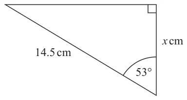 Right-angled triangle with hypotenuse 14.5 cm. The angle between the hypotenuse and the side x cm is 53 degrees