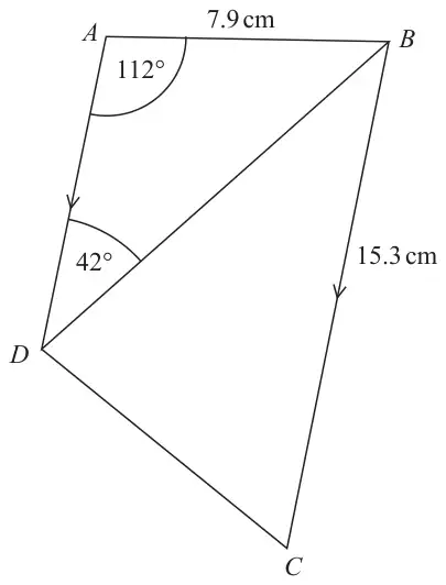Trapezium ABCD with diagonal BD; AB = 7.9 cm, BC = 15.3 cm, angle DAB = 112 degrees, angle ADB = 42 degrees; arrows show AD parallel to BC
