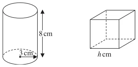 A cylinder with radius 3 cm and height 8 cm, and a cube with side length h cm