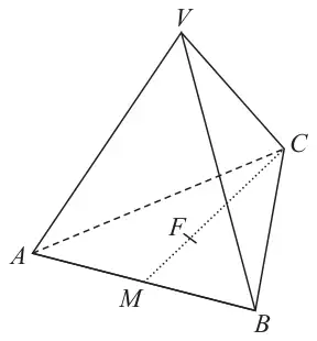 Pyramid VABC with base triangle ABC; M is the midpoint of AB and F is a point on MC, with V above F