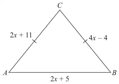 Triangle ABC with AC = 2x + 11, BC = 4x − 4 and AB = 2x + 5; AC and BC are marked equal