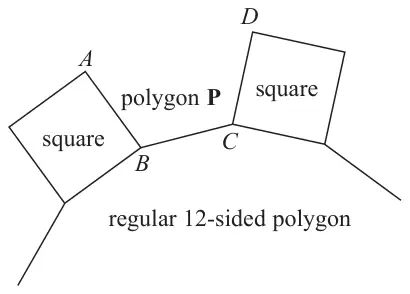 Part of a regular 12-sided polygon with a square on each of two adjacent sides; A, B, C and D are vertices of polygon P, which fits between the squares